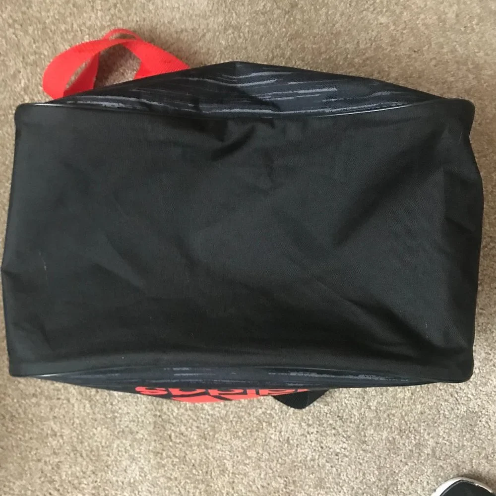 Adidas Black/Gray Duffel Bag w/Red Logo, Zipper & Shoulder Strap - Unisex